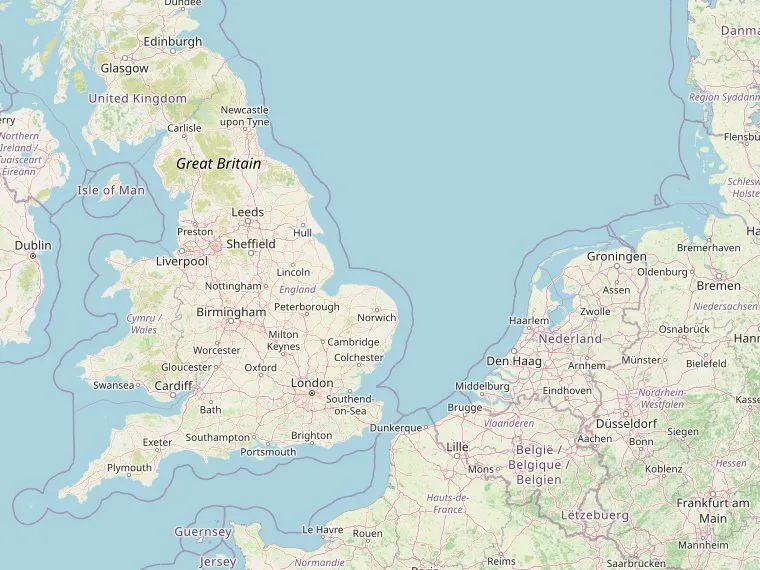 Kaart van de Noordzee met de routes vanuit Nederland naar het Lake District