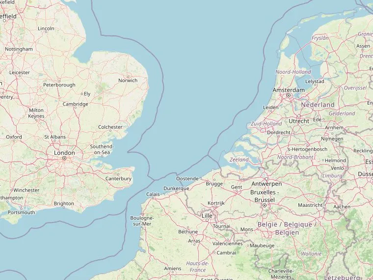 Kaart van de Noordzee met de routes vanuit Nederland naar Norwich