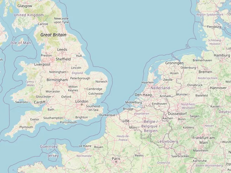 Kaart van de Noordzee met de routes vanuit Nederland naar Nottingham