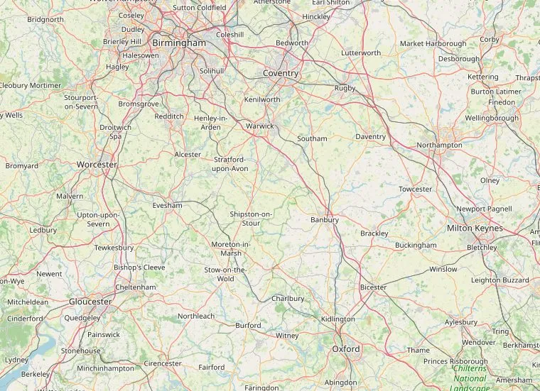 Kaart van Oxfordshire en Warwickshire met de route van Oxford via Blenheim Palace, Warwick, Kenilworth en Stratford-upon-Avon naar Birmingham.