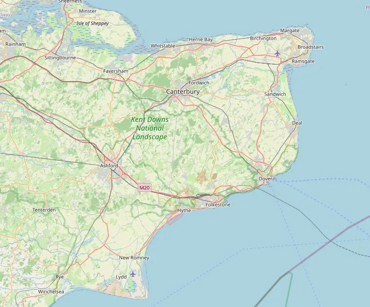 Kaart van Kent met de route van Dover via Canterbury, Whitstable, Margate en Broadstairs naar Rye, rond de noordoostpunt van het graafschap.