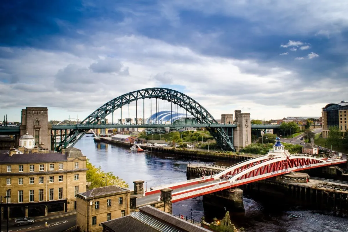 De zeven bruggen over de Tyne bij Newcastle, gezien vanaf de Quayside.