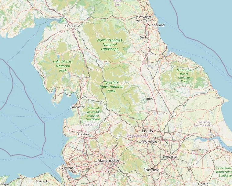 Kaart van Noord-Engeland met de route van Newcastle upon Tyne via Durham, York, Hawes en Keswick naar Liverpool, van de oostkust naar de westkust.