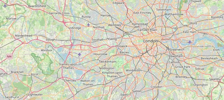 Kaart van Londen en omgeving met de vijf bestemmingen: het centrum, Greenwich, Hampton Court, Windsor en Hampstead.