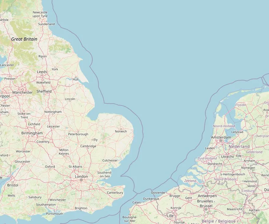 Kaart van Nederland en Engeland met de autoroutes vanaf Utrecht naar IJmuiden, Rotterdam, Hoek van Holland en Calais, en de vier overtochten daarvandaan naar Newcastle, Hull, Harwich en Dover.