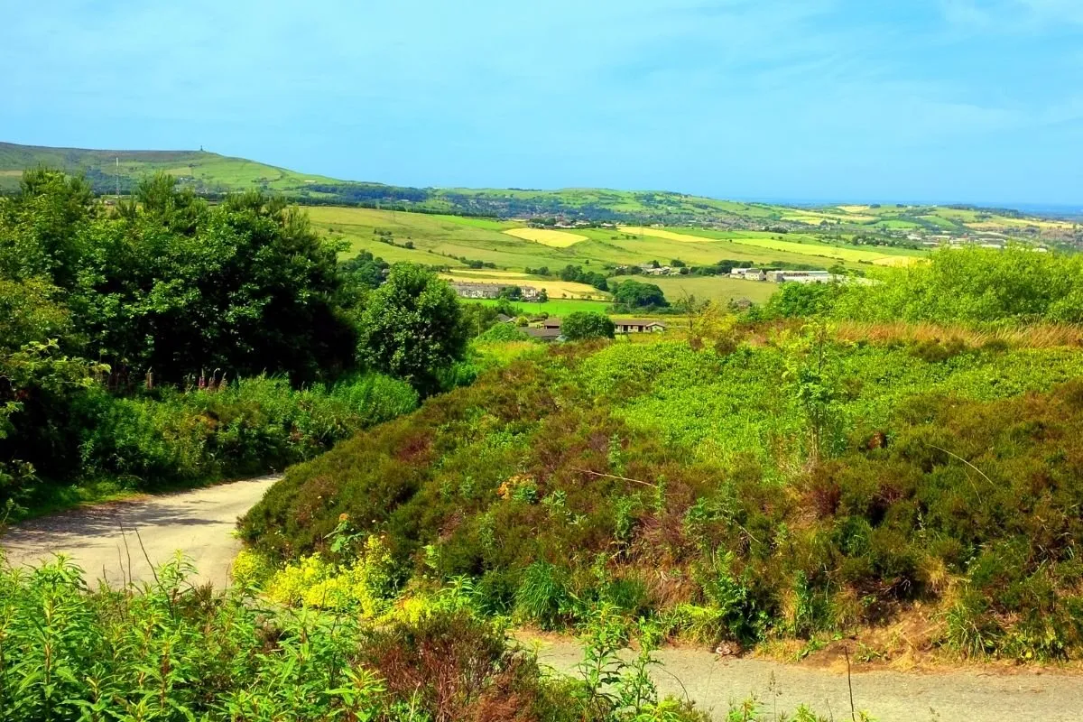 Een fietser op een klim in de Pennines, met de open heuvels op de achtergrond.