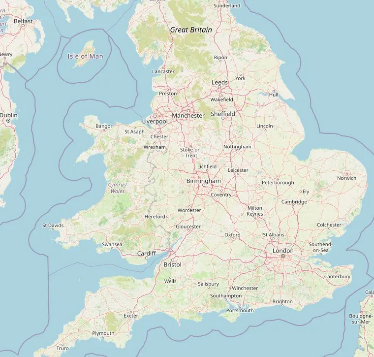Kaart van Engeland met het beginpunt van de zes fietsroutes: de Monsal Trail, de Cuckoo Trail, de Bristol and Bath Railway Path, de Camel Trail, de Tarka Trail en de Coast to Coast.