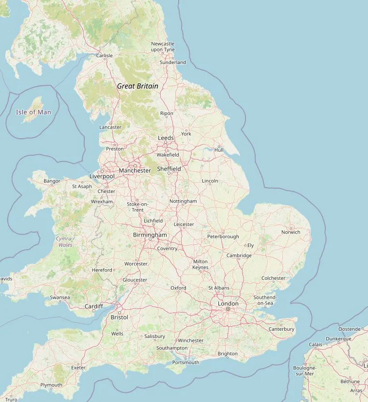 Kaart van Engeland met de tien nationale parken: Lake District, Yorkshire Dales, North York Moors, Northumberland, Peak District, Dartmoor, Exmoor, New Forest, South Downs en de Broads.