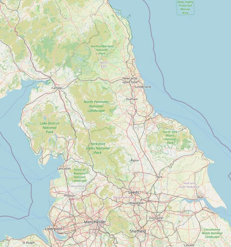 Kaart van Noord-Engeland met Liverpool, Manchester, Keswick, Hawes, York, Whitby, Durham, Newcastle, Housesteads aan de Muur van Hadrianus en Bamburgh.