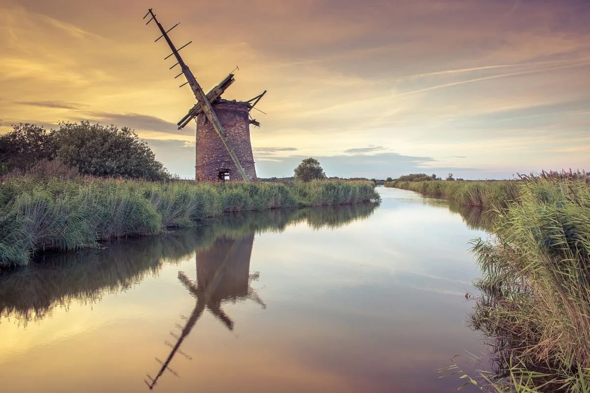 Een zeilboot op een van de Broads tussen de rietkragen, met een windmolen erachter.