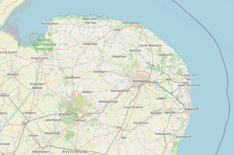 Kaart van Norfolk en Suffolk met de route van Norwich via Wroxham, Southwold, Cromer en Holkham naar Hunstanton.