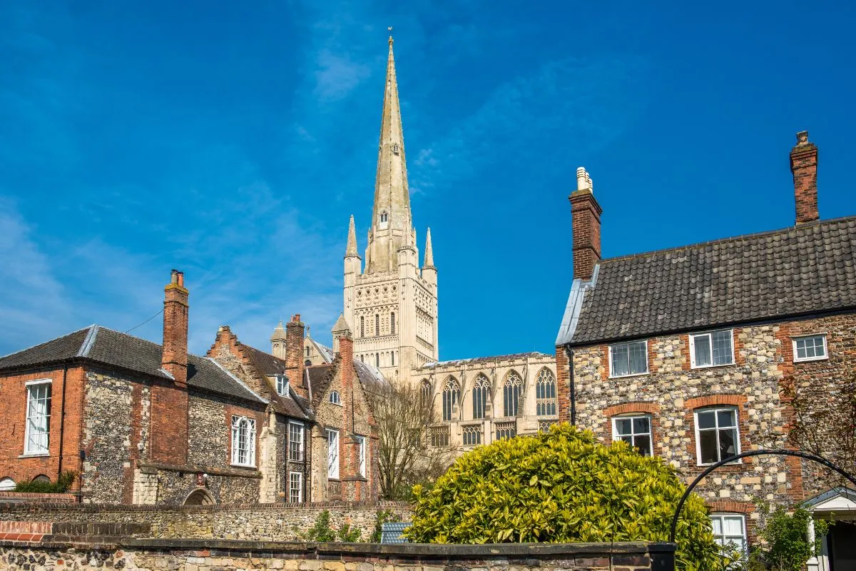 De westgevel van Ely Cathedral vanaf het omringende vlakke land, waardoor te zien is hoever de kathedraal boven de Fens uitsteekt.