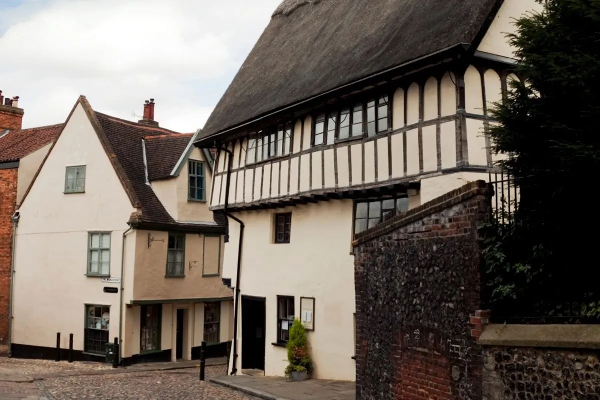Elm Hill in Norwich: de geplaveide straat met de Tudorgevels aan weerszijden.