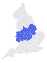 Kaart van Engeland met Midlands gemarkeerd