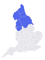 Kaart van Engeland met Noord-Engeland gemarkeerd