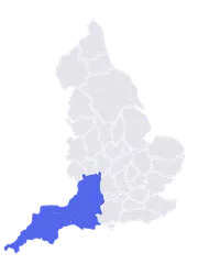 Kaart van Engeland met Zuidwest-Engeland gemarkeerd