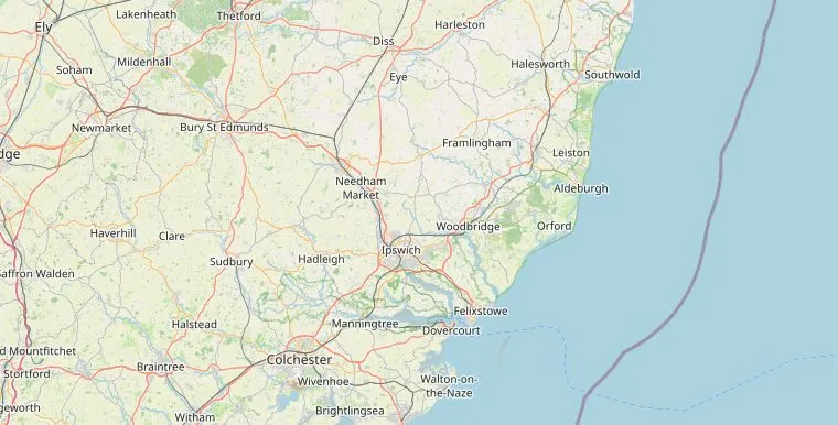 Kaart van Suffolk met de route van Colchester via Dedham en Flatford, Woodbridge en Bury St Edmunds naar Southwold.