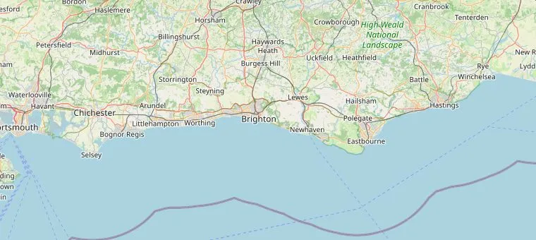 Kaart van Sussex met de route van Chichester via Arundel, Brighton, Lewes en Eastbourne naar Hastings, langs de kust van het Kanaal.