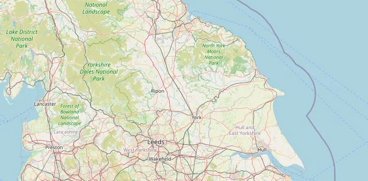 Kaart van Yorkshire met de route van York via Haworth, Grassington, Whitby en Scarborough terug naar York.