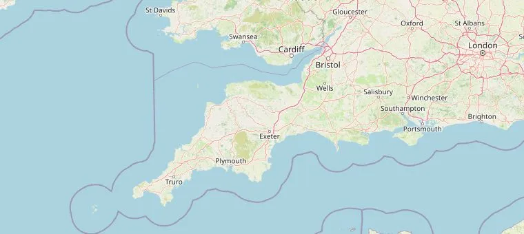Kaart van Zuidwest-Engeland met de route van Bristol via Bath, Exmoor, Dartmoor, Plymouth, St Ives en Tintagel naar Salisbury.