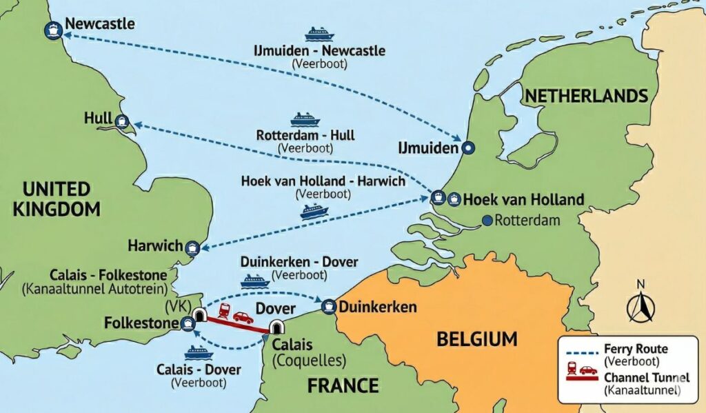 kaart met mogelijkheden auto naar Engeland